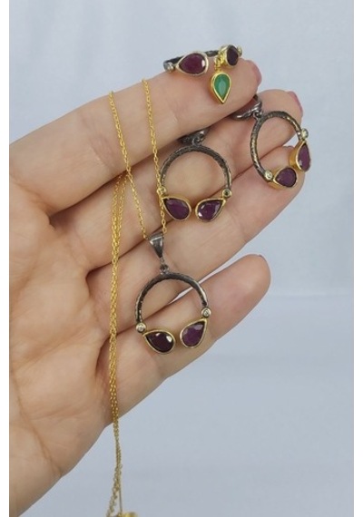 925 Ayar Yakut Taşlı 3 Lü Gümüş Set