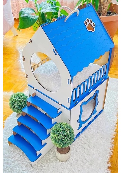 Dekoratif Kedi Evi Teraslı Dublex Mavi