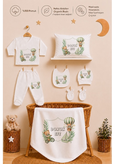Pia Baby Erkek Bebek 7 Parça Hastane Çıkışı Seti %100 Pamuk Kişiye Özel İsimli Zıbın Set 1042zyb3x Ekru