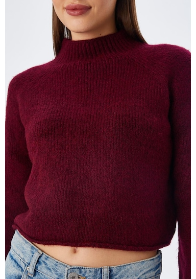 Mixray 6854 Kadın Dik Yaka Bütün Crop Triko Kazak Bordo