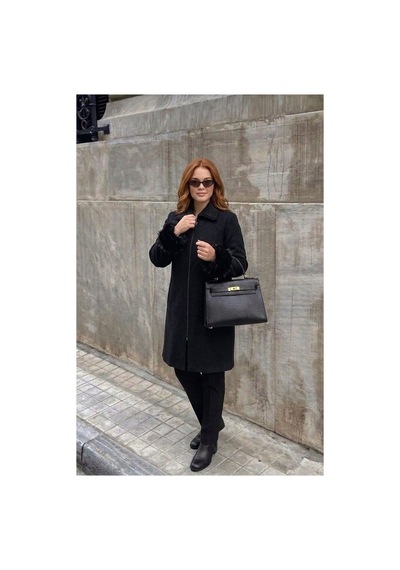 Onno Style Women Kol Ağzı Kürklü Çelik Örgü Triko Kadın Kaban Siyah