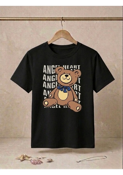 Unisex Ayıcık Baskılı Kompakt T-shirt Siyah