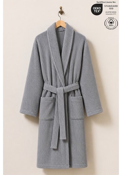 Gri Çizgili Bornoz %100 Sertifikalı Pamuk Şal Yaka Unisex Banyo Bornoz / Sabahlık 340 Gr/m2