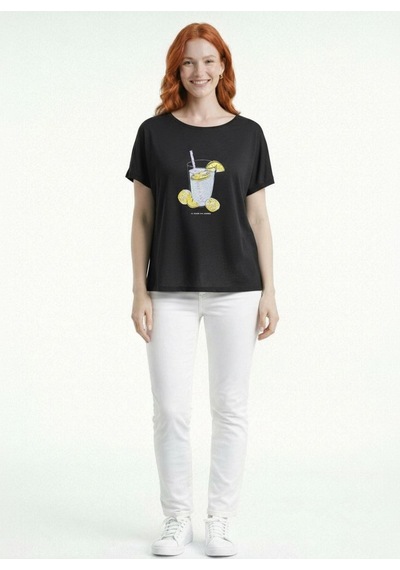 Neden Tekstil Kadın Siyah Limonata Baskılı Rahat Kesim T-shirt