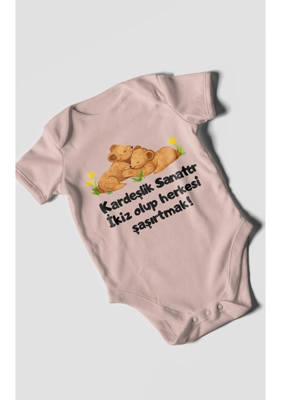 Morivokids Kardeşlik Sanattır, İkiz Yazılı Kısa Kollu Bebek Body %100 Pamuk Pastel Pembe