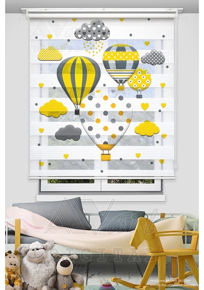 Uçan Balon Baskılı Çocuk Odası Perdesi - Hot Air Balloon - Dijital Baskılı Zebra Stor Perde Çok Renkli