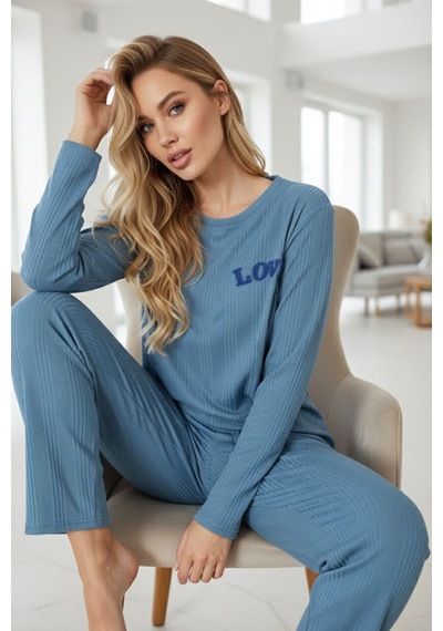 Siyah İnci Love Nakışlı Fitilli Örme Pijama Takım25226001 İndigo
