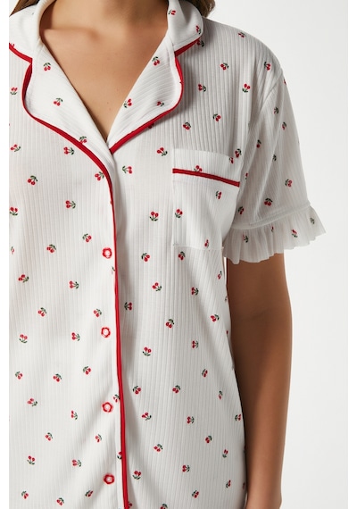 Ritnice Kadın Fırfırlı Kiraz Ön Düğmeli Kısa Kol Alt Üst Pijama Takımı Ekrukırmızı Çok Renkli