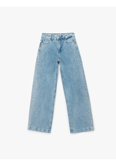 Koton Pamuklu Normal Bel Taş Detaylı Geniş Paça Jean Pantolon - Wide Leg Jeans Orta İndigo 7wal40025md Koton Pamuklu Normal Bel Taş Detaylı Geniş Paça Jean Pantolon - Wide Leg Jeans Orta İndigo 7wal40025md