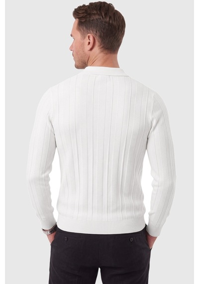 Rizzup Erkek Slim Fit Dokulu Beyaz Triko Kazak Fermuarlı Polo Yaka Likralı Esnek 2708505