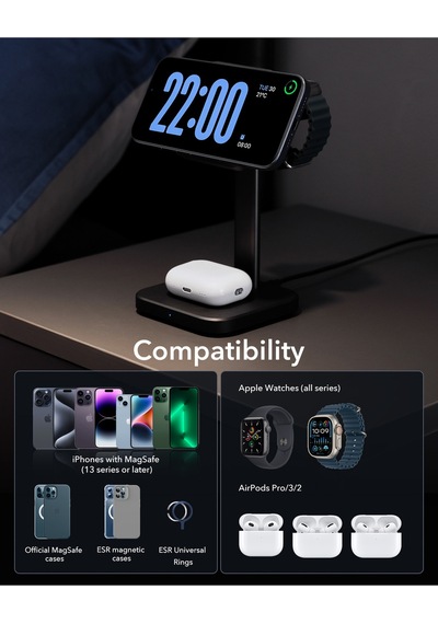 Halolock 3 İn 1 iPhone + Apple AirPods Uyumlu Watch Magsafe Şarj Standı Siyah Mfm Lisans