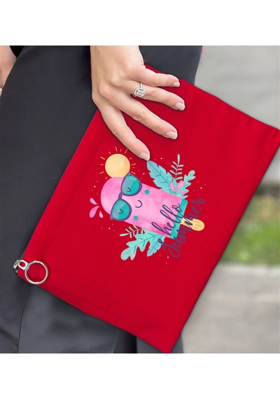 Bk Gift Yaz Temalı-5 Astarlı Kırmızı Portföy Çanta 30x21cm, Baskılı El Çantası, Organizer Çanta