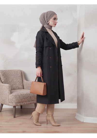 B.he.z Kruvaze Yaka Bondik Su İtici Kumaş Astarlı Trend Model Diz Altı Trençkot Siyah