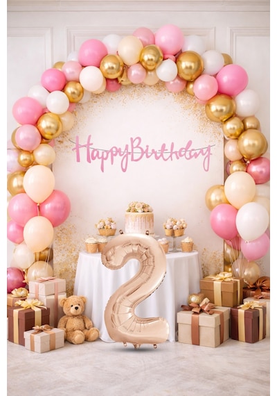2 Yaş Pompa Hediyeli Doğum Günü Seti Banner Gold Pembe Kum Beji Beyaz Balonlar Rose Gold Rakam Çok Renkli