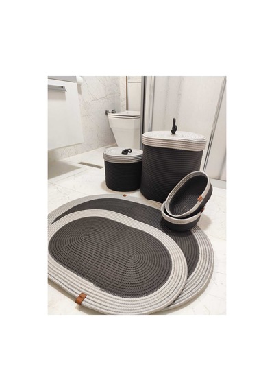 Jüt Hasır 6 Lı Banyo Paspas Takımı Bohem Tarzı Paspas:50x80/ 40x60 /çamaşır Sepet 40x36 ,25x27 Siyah Gri Siyah Gri