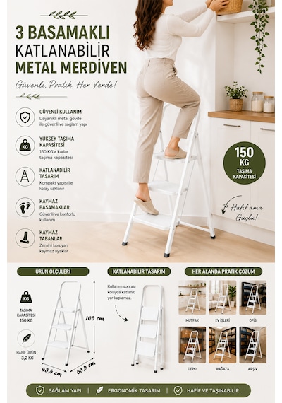 Perilla Class 3 Basamaklı Kaymaz Tabanlı Katlanır Metal Merdiven - Ekstra Güçlü Beyaz 101-150cm Arası