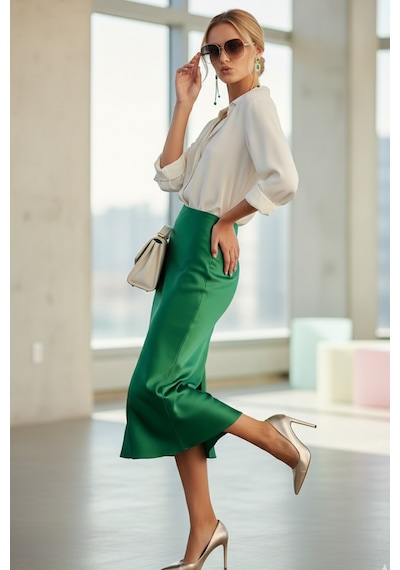 Fashion Cocktail Saten Dökümlü Belden Oturan Kalın Iç Lastikli Yırtmaçsız Diz Altı Midi Ofis Etek Yeşil Fashion Cocktail Saten Dökümlü Belden Oturan Kalın Iç Lastikli Yırtmaçsız Diz Altı Midi Ofis Etek Yeşil