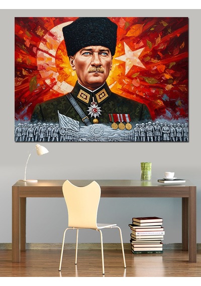 Türk Bayrağı Mareşal Mustafa Kemal Atatürk Ve Kahraman Türk Askeri Dekoratif Kanvas - Mdf Ahşap Tablo
