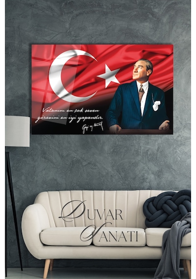 Atatürk Portre Ve Türk Bayrağı Vatanını En Çok Seven Görevini En İyi Yapandır Cam Tablo Evlika, Hediyelik