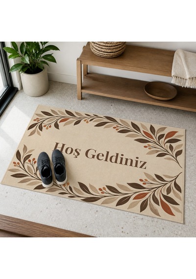Kartela Halı Hoş Geldiniz Yazılı Yaprak Desenli Kapı Paspası Bej Kaymaz Kauçuk Taban 50x75 Cm