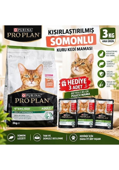 Pro Plan Kısırlaştırılmış Somonlu Kuru Kedi Mamasi 3 Kg+hediyeli