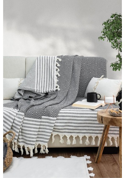 Reno Desen Dokuma %100 Pamuklu Çok Amaçlı Pike Koltuk Örtüsü 180x230 Siyah