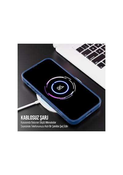 iPhone Uyumlu 14 Plus / 15 Plus Kamera Koruma Stantlı Magsafe Destekli Lens Koruyucu Telefon Kılıfı Lacivert