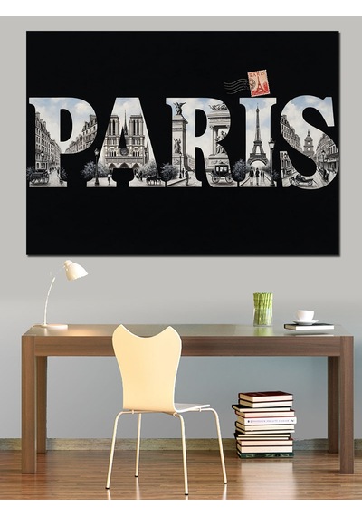 Eskitme Duvar Üzerine Paris Yazısı Dekoratif Kanvas - Mdf Ahşap Tablo