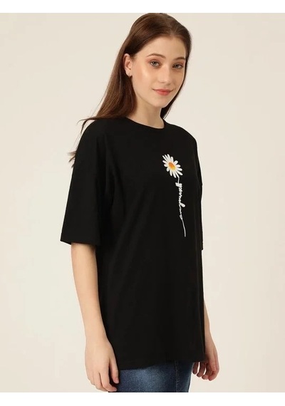 Kadın Papatya Baskılı T-shirt Kısa Kol Bisiklet Yaka Oversize Tişört - Siyah