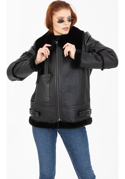 M M Marki Marki Kadın Siyah Vintage Deri Mont, Siyah Kürklü, Balıkçı Yaka, Oversize Model - 105222