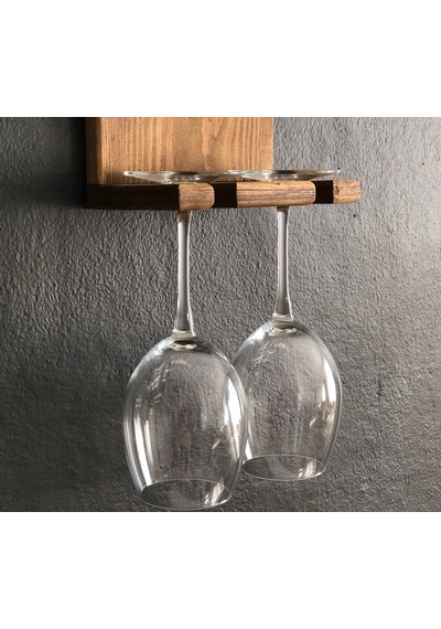 Ahşap Şaraplık, 2 Şişe 2 Kadeh Bölmeli Şaraplık, Koyu Meşe