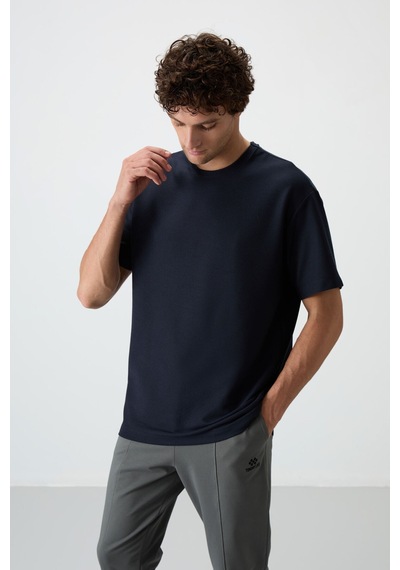 Air Jones Tommy Life Lacivert Waffle İnterlok Yüzeyi Dokulu Oversize Fit Basic Erkek T-shirt - 88379 Lacivert
