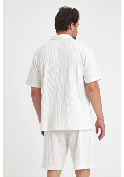 Tarz Cool Erkek Jakarlı Baklava Desenli %100 Pamuk Polo Yaka T-shirt Mat Beyaz