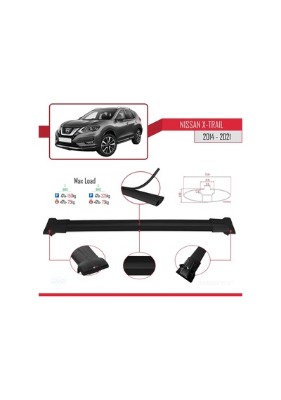 Nissan X-trail 2014-2021 Arası İle Uyumlu Fly Model Ara Atkı Tavan Barı Siyah