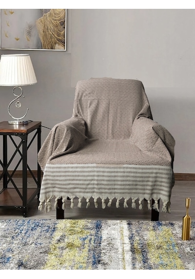 Buldan İşi Kolları Örten Pamuklu Tekli Koltuk Berjer Örtüsü 180x150 Cm Pamuk Dokuma Kahverengi Kahverengi