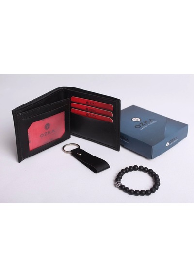 Ozka Leather Collection Kişiye Özel Erkek Cüzdan - Anahtarlık Ve Bileklik Hediye Siyah