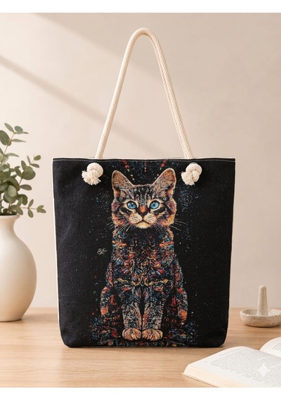 Genel Markalar Goblen Kadın Omuz Çantası+ Kedi Desen3 Krem.karışık Renkli Desenli