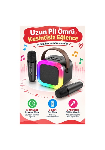 Robeve Blic 2 Mikrofonlu Çocuk Karaoke Hoparlör Ve Bluetooth Hoparlör Led Işıklı Mini Karaoke Seti, 6 Farklı Ses Efekti, Uzun Pil Ömrü, Taşınabilir Çocuk Mikrofonu Ve Çocuk Müzik Aleti Siyah