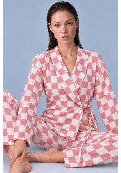 Kadın Kruvaze Yaka Kareli Beli Kuşaklı Pembe Pijama Takımı 4785