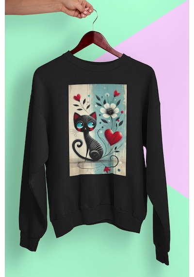 Magors Stıl-x Sevimli Kediler Baskılı Unısex Bisiklet Yaka Oversize Sweatshırt Siyah-4