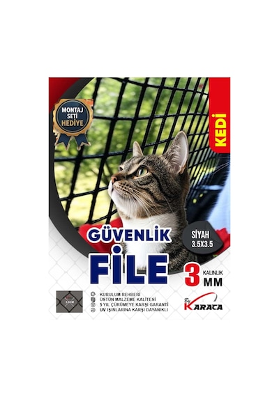 Kedi Güvenlik Filesi 2.5x9 Metre - Siyah Renk, 3mm İp Kalınlığı, 3.5x3.5 Cm Gözenek