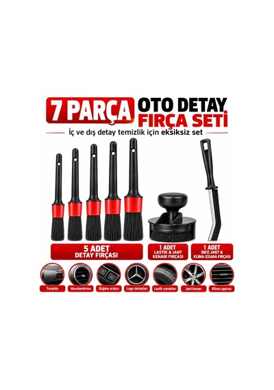 7 Parça Profesyonel Oto Detay Temizlik Fırça Seti - 5 Farklı Boy Detay Fırçası, 1 Adet Lastik Ve Jant Fırçası, 1 Adet İnce Temizlik Fırçası - Araç İçi, Klima, Jant Ve Derz Temizleme Seti
