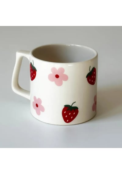 Çilek Çiçek Baskılı Kupa Bardak Seramik Kahve Mug Beyaz