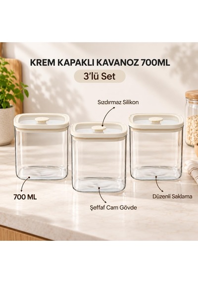 Tr 3'lü 700 Ml Krem Kapaklı Cam Kavanoz Sızdırmaz Saklama Seti Genel