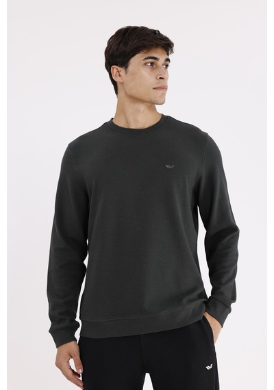Rowinger Yatay Dokulu Ottoman Yüzey Tonal Logo Detaylı Bisiklet Yaka Standart Kalıp Sweatshirt Haki