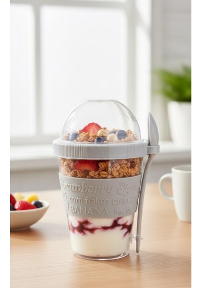 Titiz 600 Ml Kaşıklı Yoğurt & Müsli Kabı - Taşınabilir Kase - Beyaz Çok Renkli