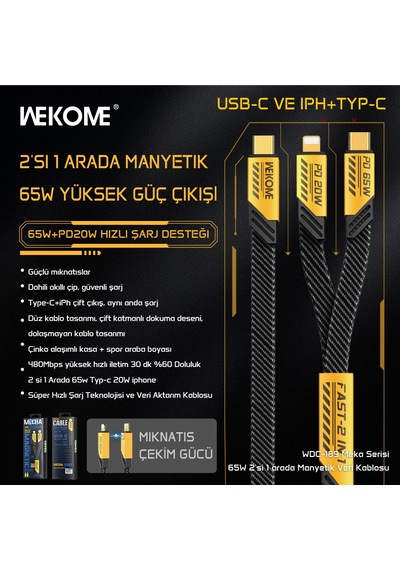 Wekome WDC-189 2 in 1 65 W + 20 W Usb-c To Lightning - Type-c Hızlı Şarj Kablosu Gri