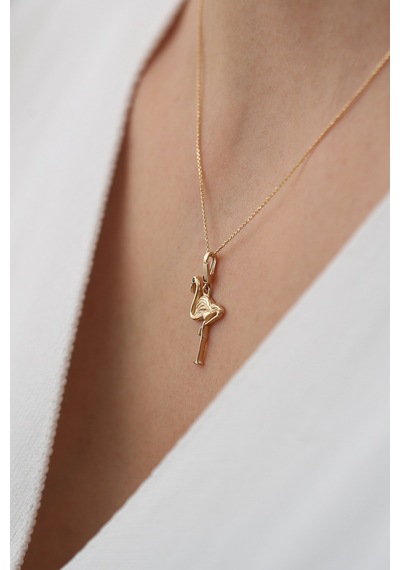 14 Ayar Altın Siyah Taşlı Minimal Flamingo Kolye Sarı Altın