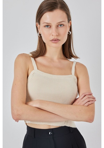 Hiccup Bdart Kare Yaka Ribana Örgü Crop Top Krem Doğal