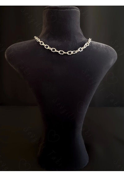 Choker Tasma Paperclip Kabartma Çelik Zincir Kolye Choker Serisi Silver